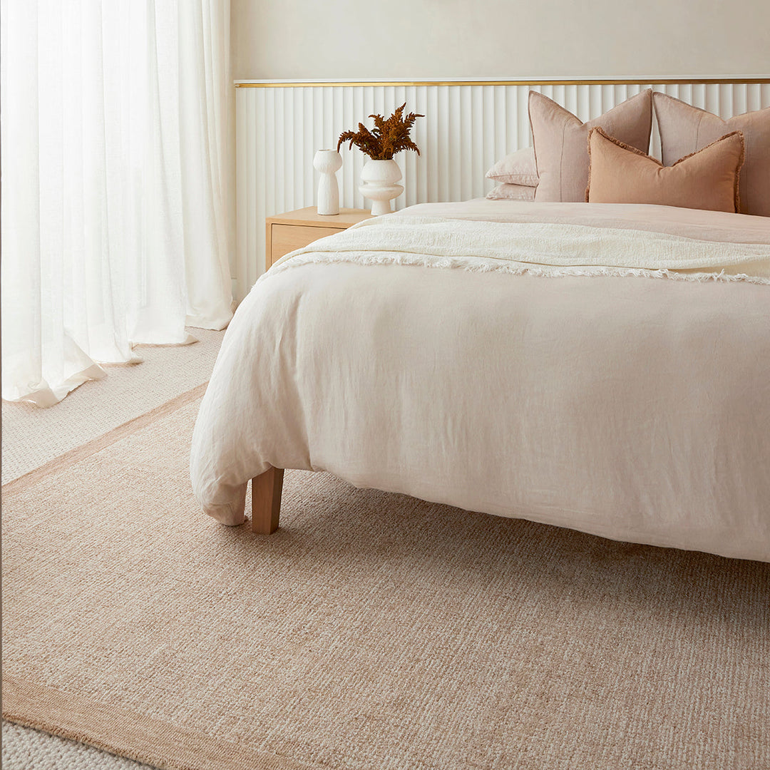 Mila handmade wool rug by Alisa and Lysandra. Bedroom styled using the Mila rug