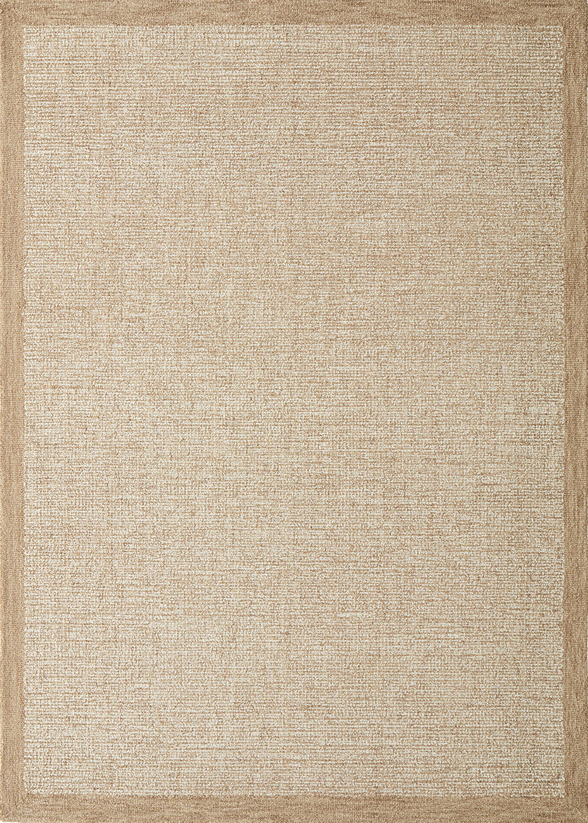 A rectangular natural fiber area rug with a textured beige and tan weave and a simple matching border, shown flat against a white background.