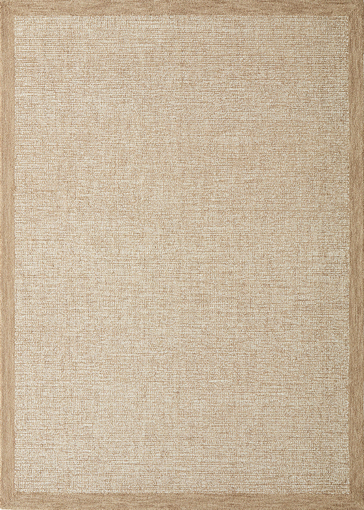 A rectangular natural fiber area rug with a textured beige and tan weave and a simple matching border, shown flat against a white background.