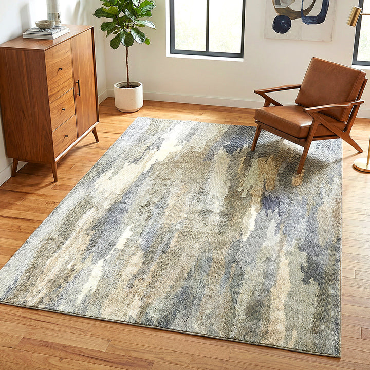 Living room with a patterned rug, wooden chair, and dresser.