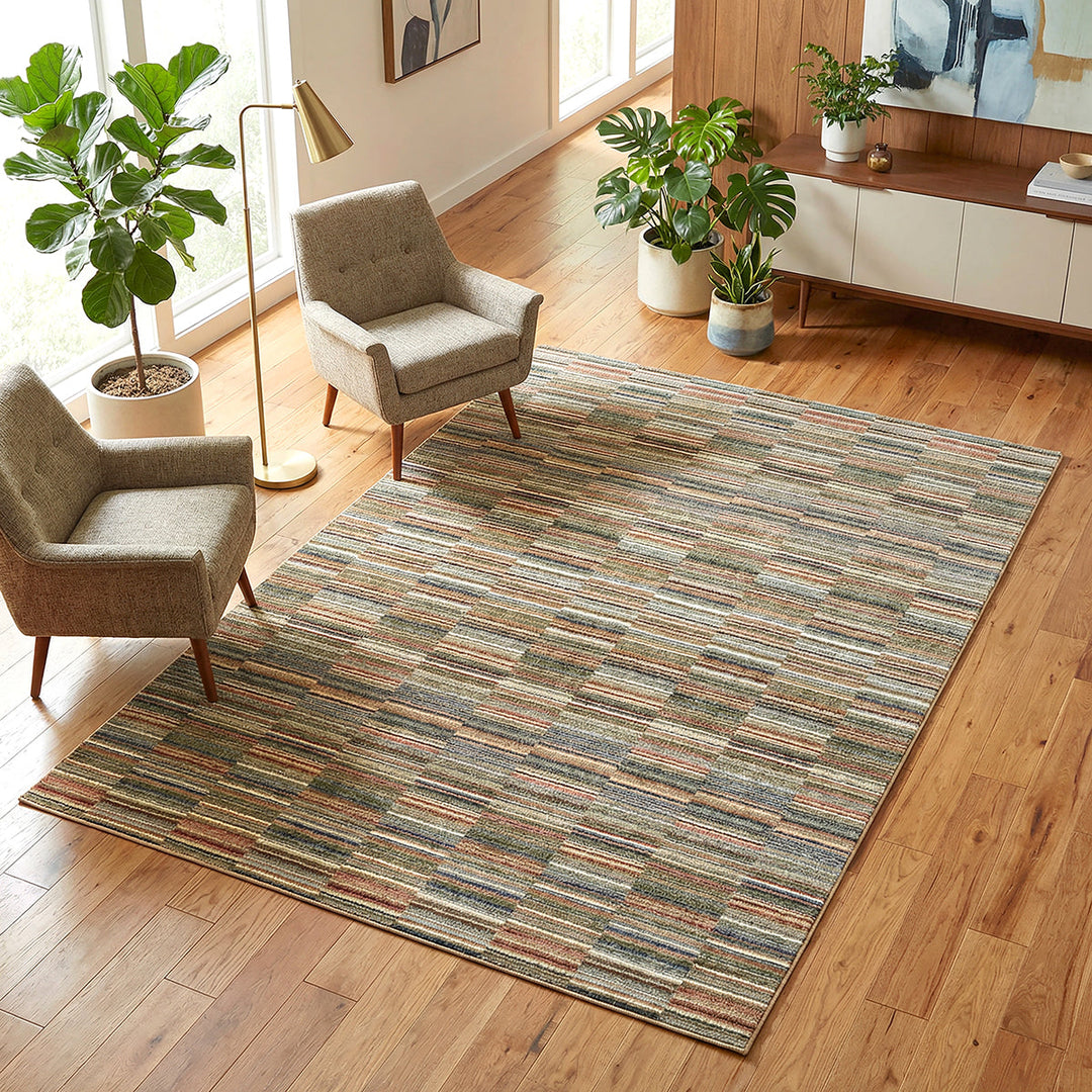 Living room with a art deco style rug and chairs