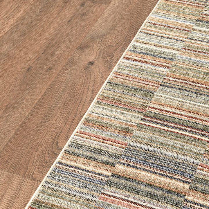 Multicolored striped rug on a wooden floor