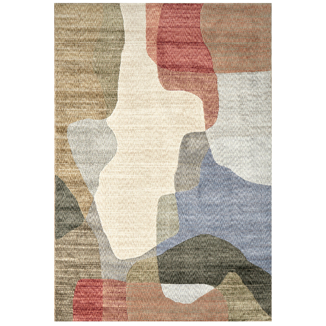Over head of a multi coloured rug on a white background
