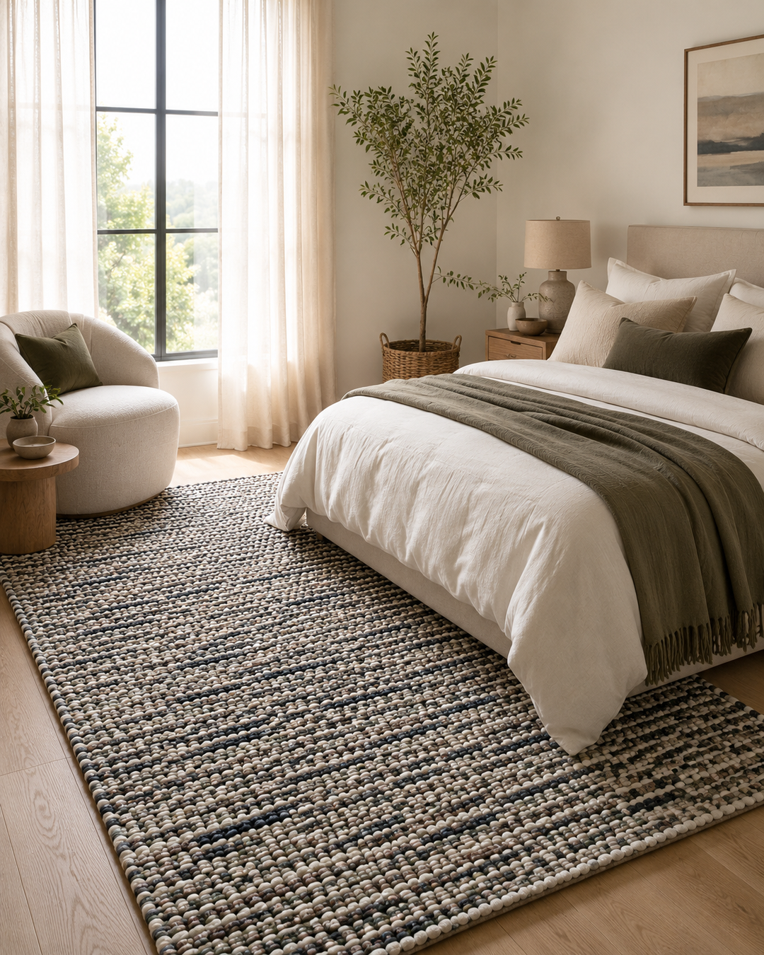 A large woven area rug in a neutral gray, beige, and white textured pattern, styled in a bright, modern bedroom next to a bed with white linens and a sage green throw blanket.