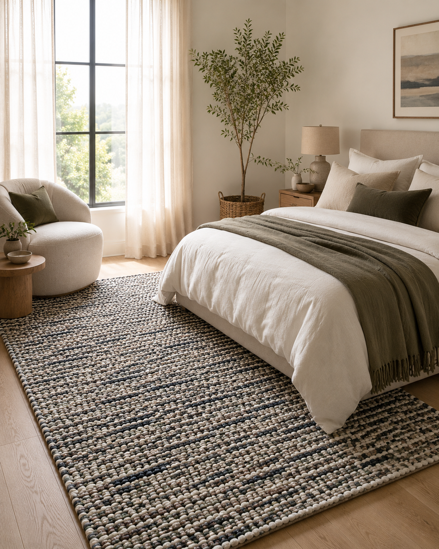 A large woven area rug in a neutral gray, beige, and white textured pattern, styled in a bright, modern bedroom next to a bed with white linens and a sage green throw blanket.