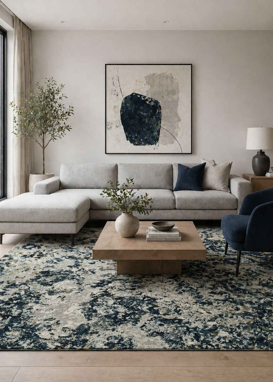 Modern living room with a gray sectional sofa, coffee table, and abstract art on the wall.