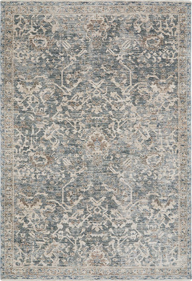 Patterned rug with blue and beige colors on a white background