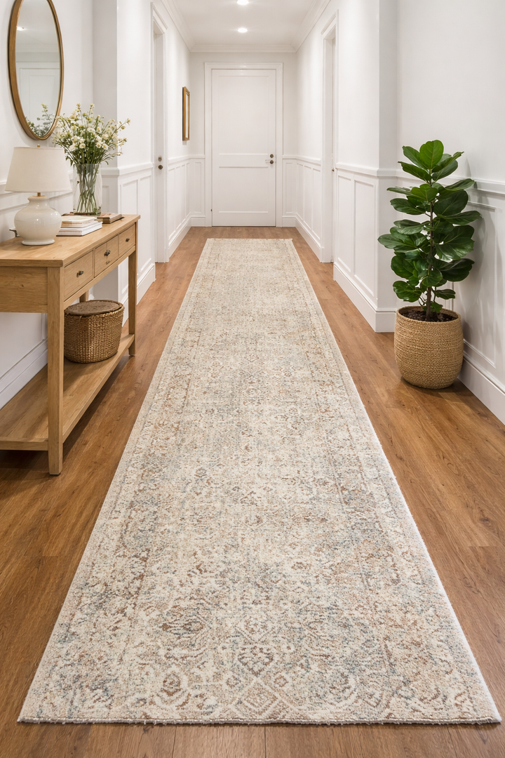 Long rectangular rug on a wooden floor with a hallway and decor elements in the background.