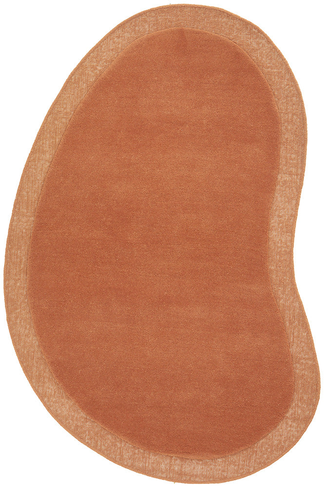Brown oval rug with a textured border on a white background