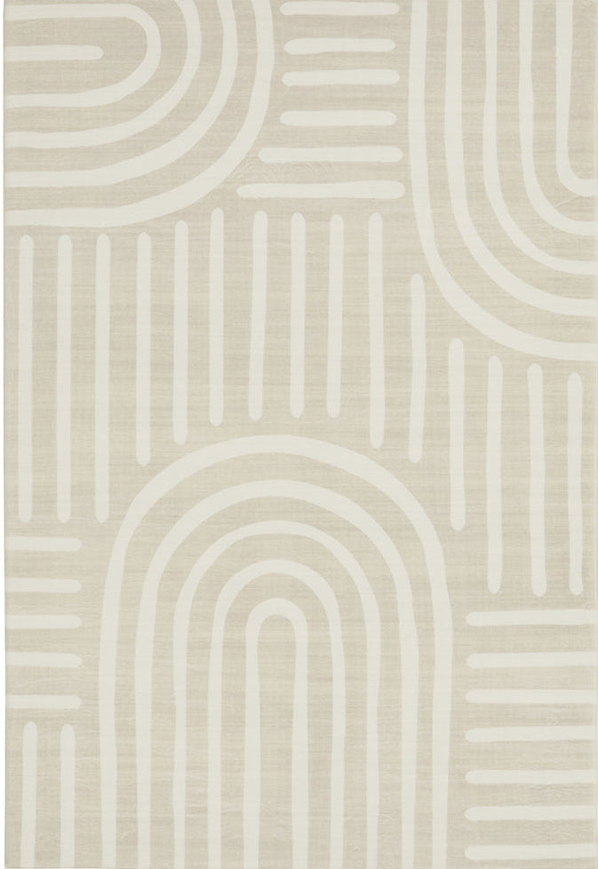 A rectangular area rug with a neutral beige and off-white geometric pattern featuring arches, semi-circles, and vertical stripes.