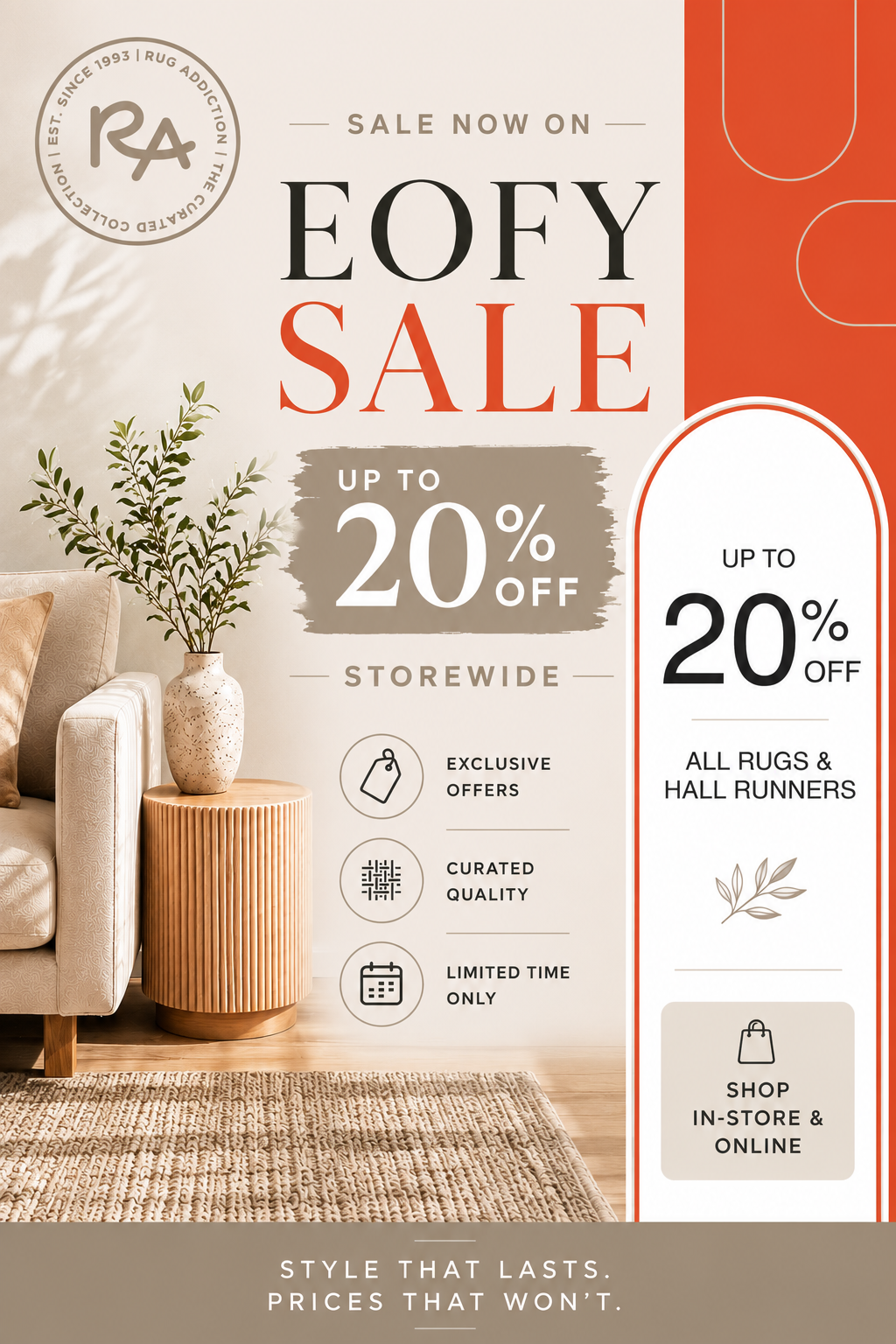 EOFY sale advertisement with up to 20% off on storewide and rugs & hall runners, featuring a living room setting.
