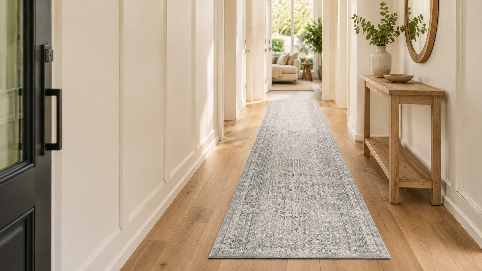 A long runner rug with a distressed blue and gray pattern laid out on a light wood hallway floor, flanked by white paneled walls and a wooden console table.