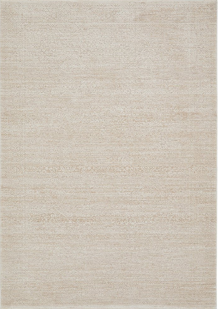 Beige area rug with a subtle pattern on a plain background