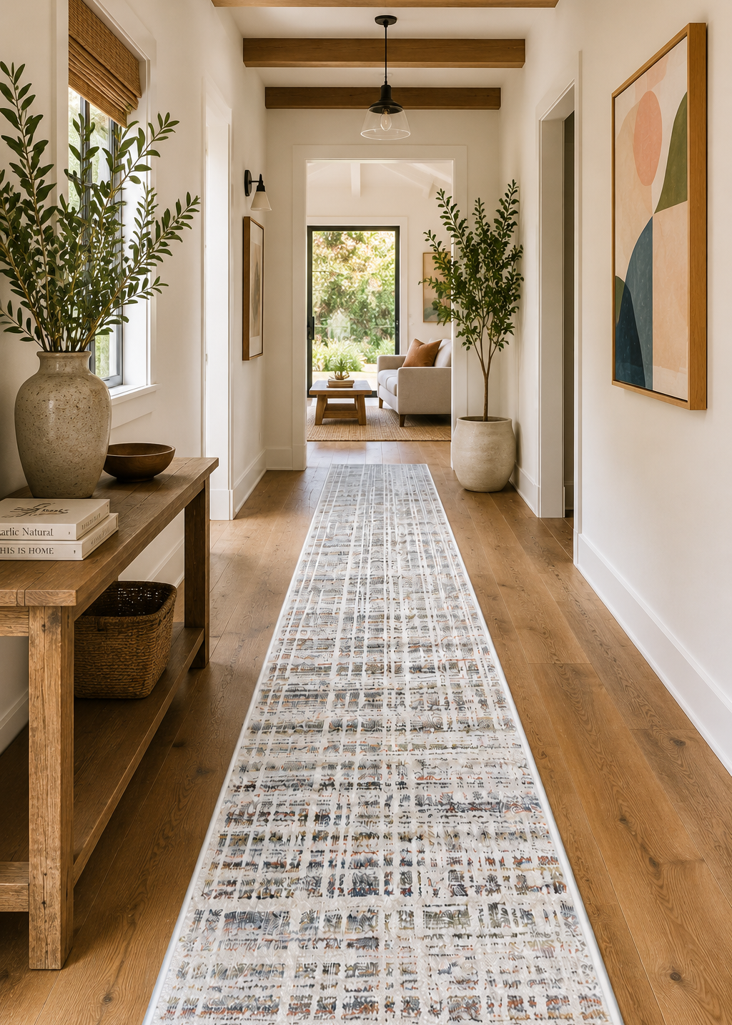 Hallway with a patterned rug, wooden floor, and decorative elements.