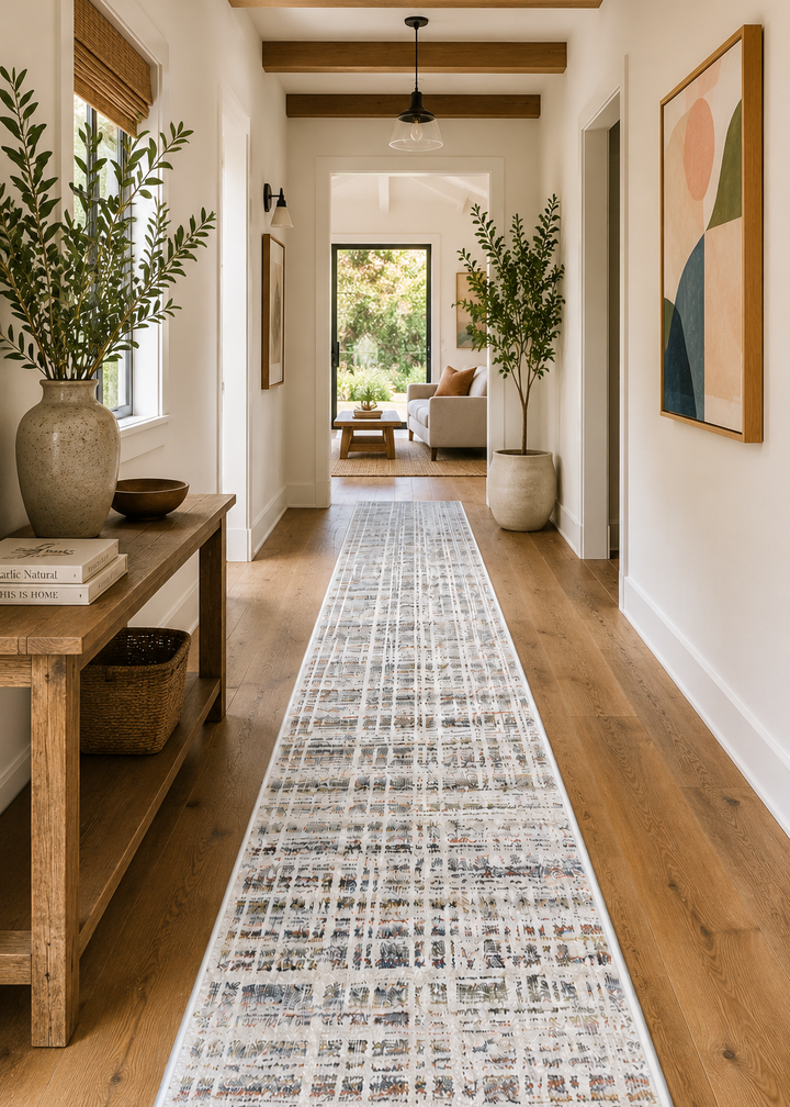 Hallway with a patterned rug, wooden floor, and decorative elements.
