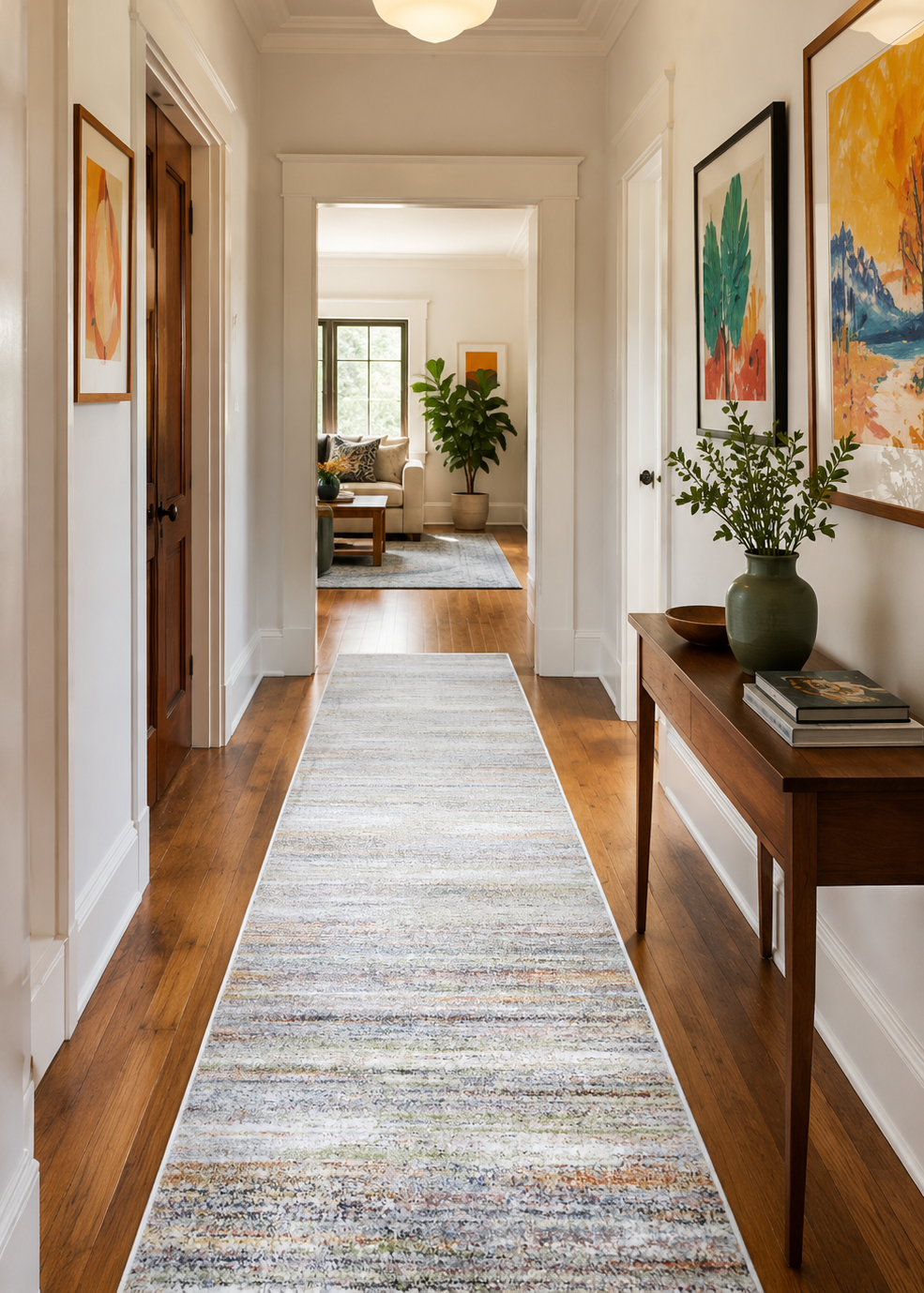 Hallway with a runner rug, wooden console table, and framed artwork.