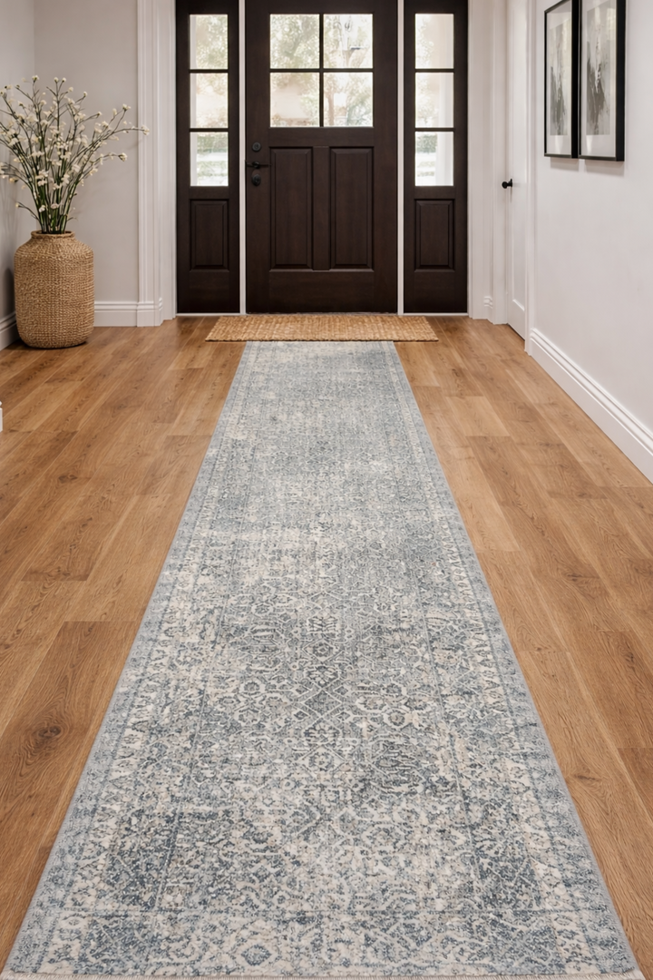 Long rectangular rug with a subtle pattern on a wooden floor in a home setting.