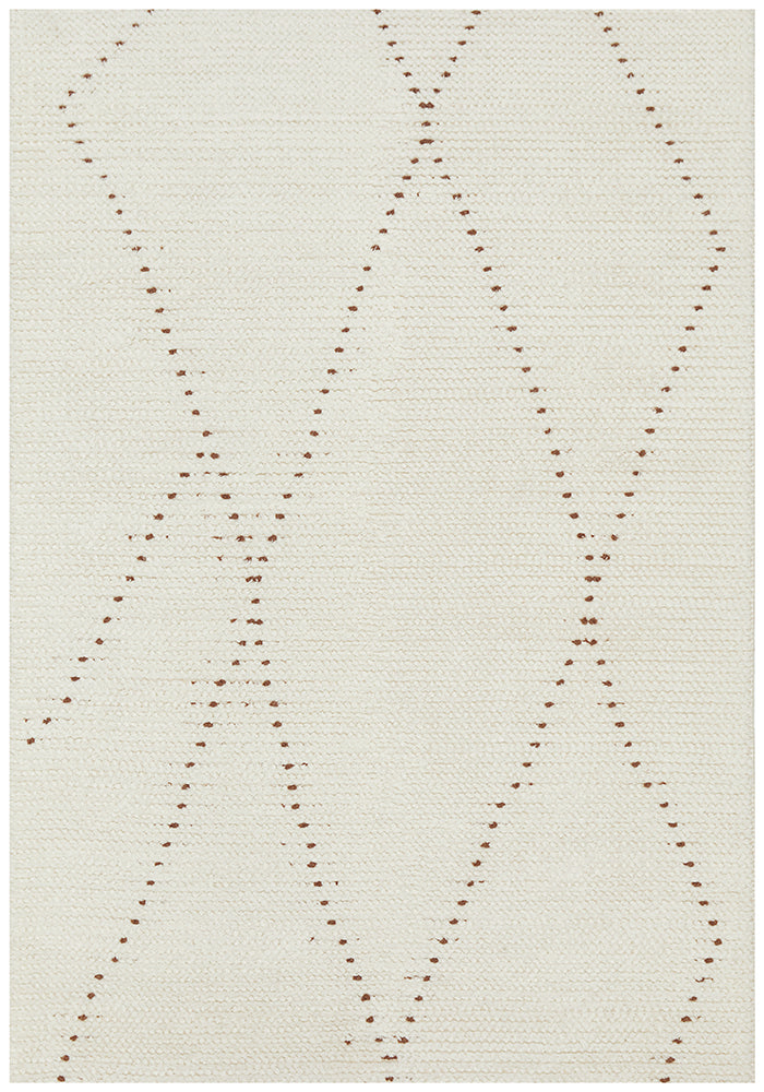 Full shot of a white based, brown dot line patterned rug.