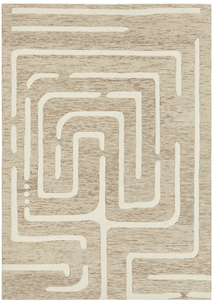 Bird eye view of a beige based rug with a maze type pattern.