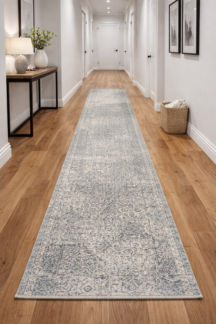 Long rectangular rug with a subtle pattern on a wooden floor in a hallway.
