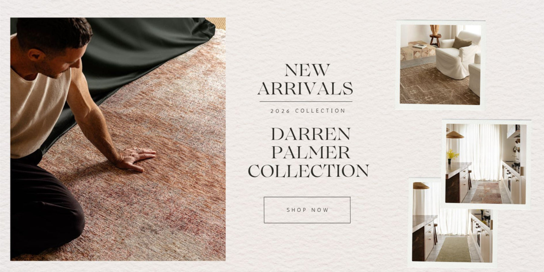 Promotional banner for the Darren Palmer Collection showing a man kneeling on a large patterned area rug, with smaller interior lifestyle photos on the right and text reading 'New Arrivals 2024 Collection Darren Palmer Collection' and 'Shop Now'.