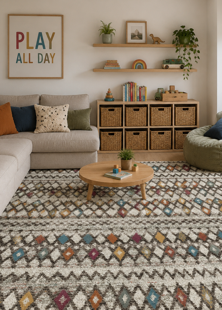 A large geometric patterned area rug in a styled children's playroom. The rug features a cream base with a multicolor diamond and zigzag pattern in orange, blue, purple, and green.