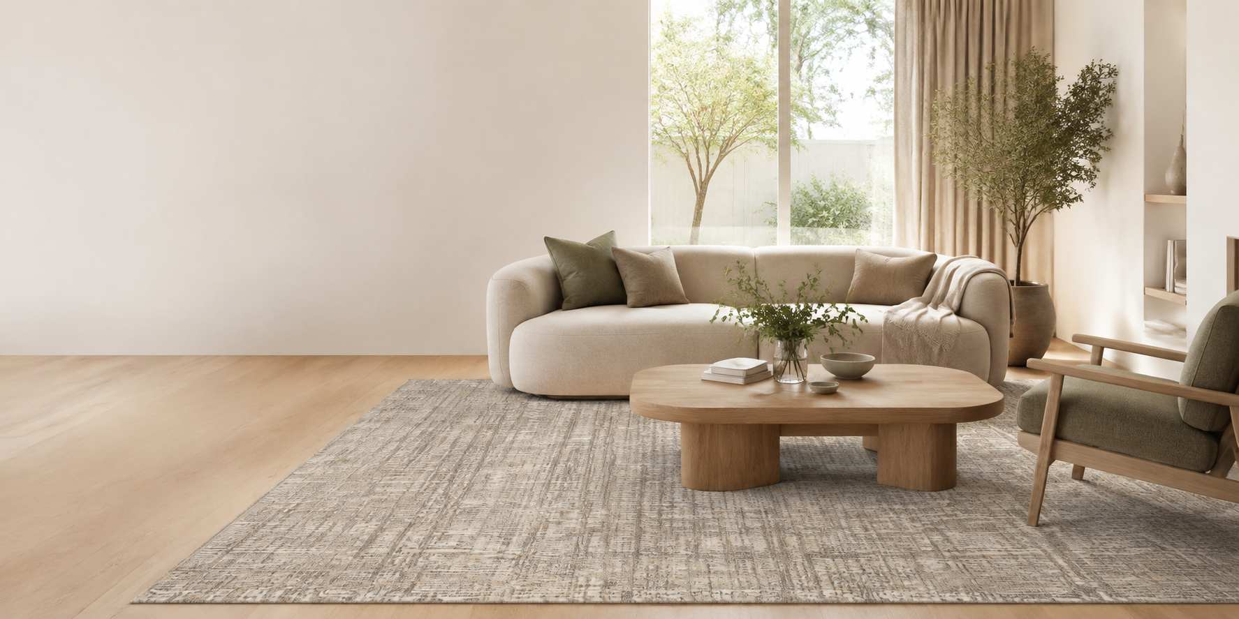 A modern living room scene featuring a large textured gray and beige area rug under a round wooden coffee table, with a curved beige sofa and a green armchair in the background near a window.