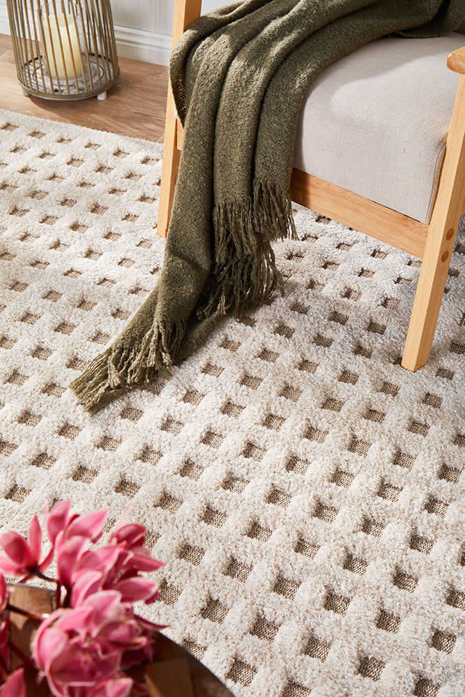 high cut pile over a flat loop pile rug with a chair and green throw rug