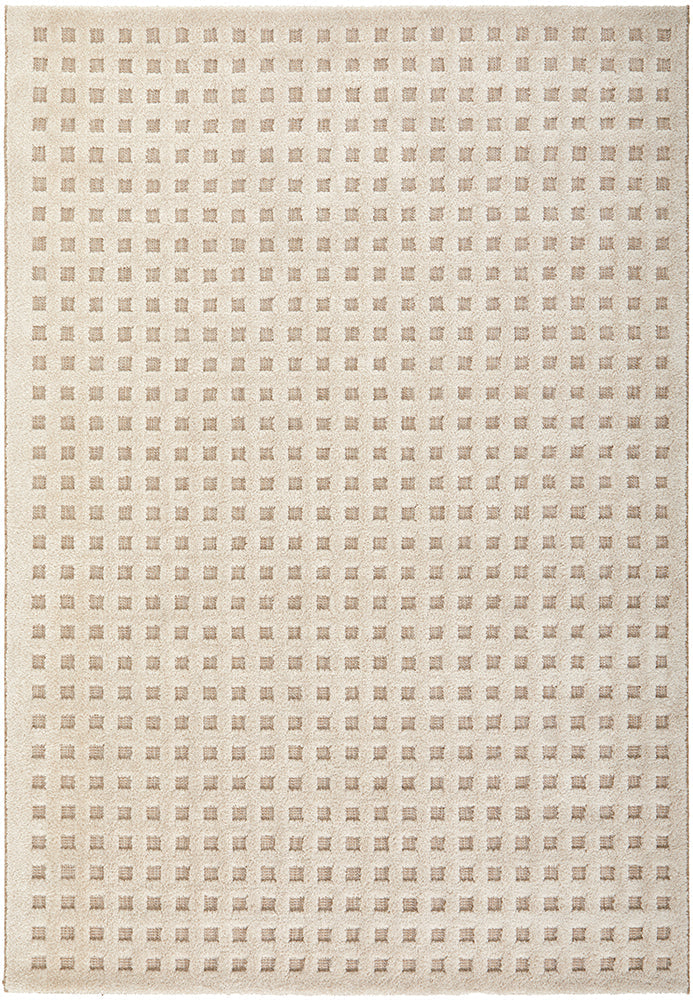 A beige geometric and organic patterned rug with a textured surface.