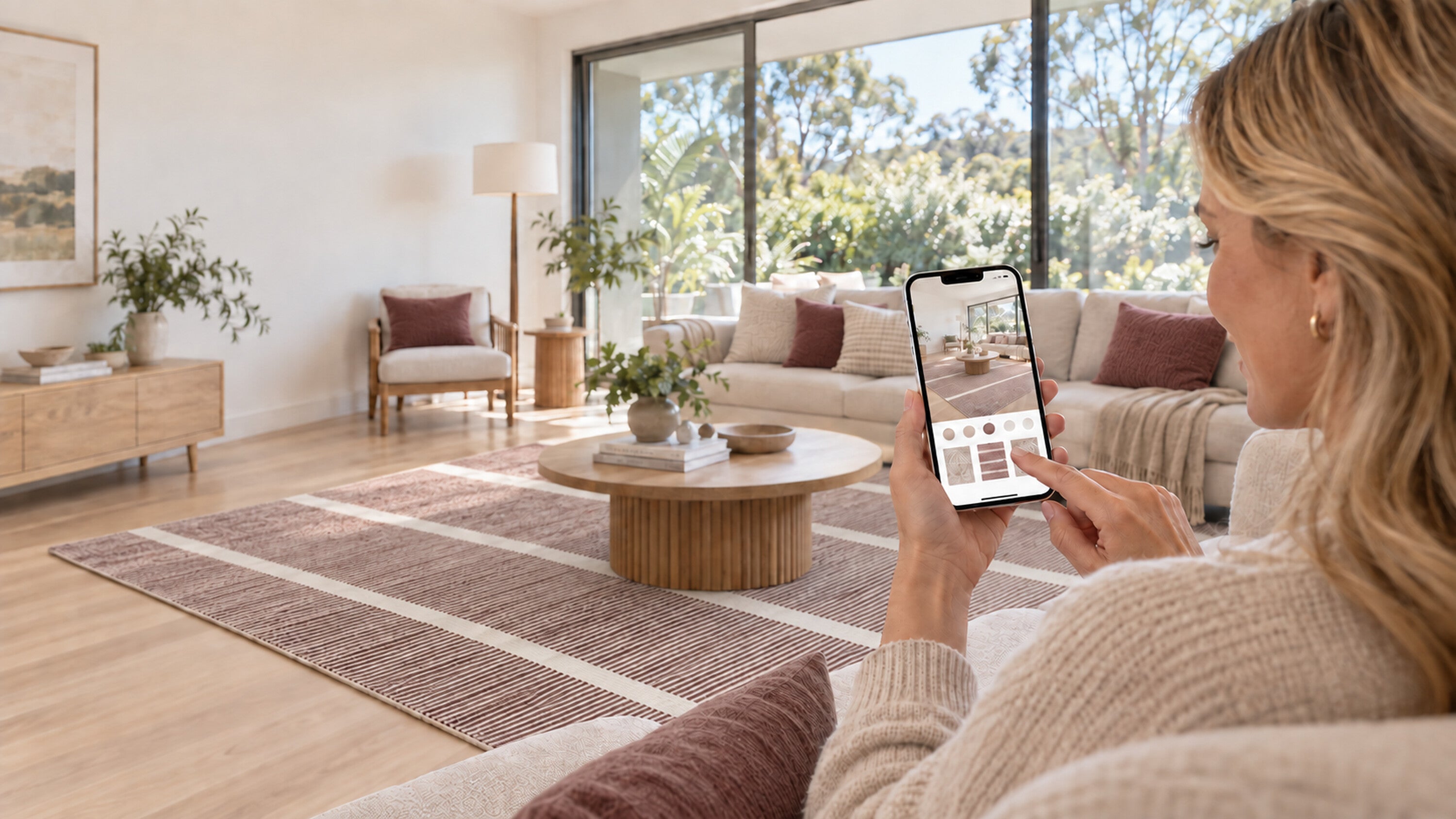 A woman in a cosy living room sits on a sofa, holding a smartphone that displays a home décor or furniture catalogue app. from Rug Addiction Visualiser tool. The room features a neutral colour palette with beige and brown tones, including a striped area rug, a round wooden coffee table, a beige sofa with brown cushions, and large windows looking out onto green trees.