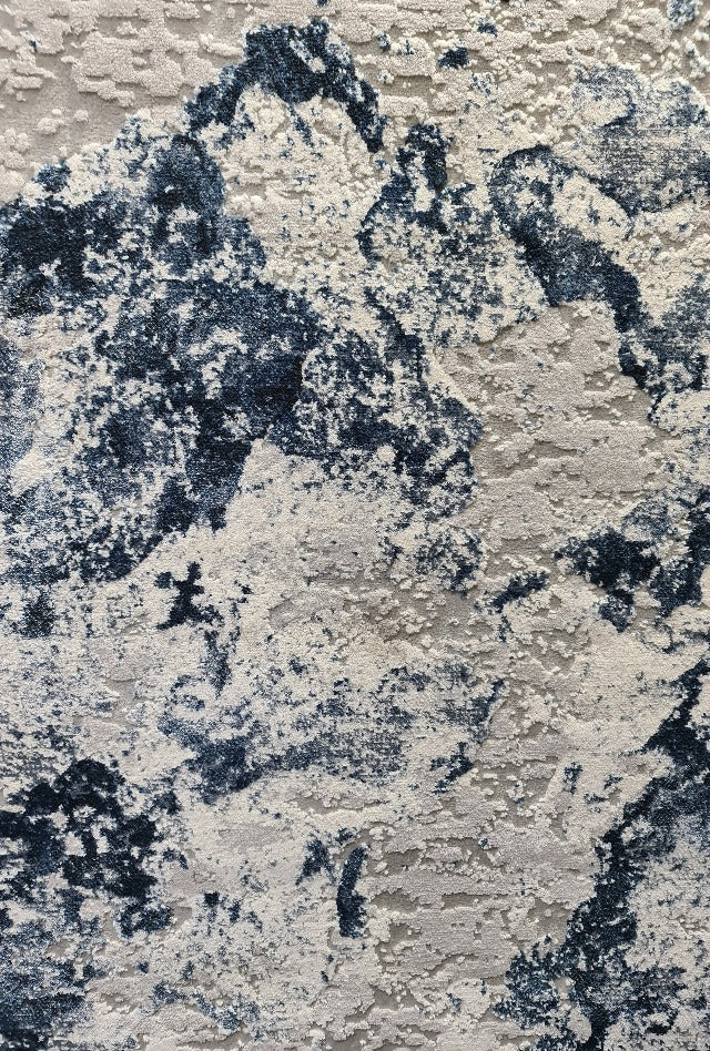 closeup of the colours of the fibres in a blue and grey rug 