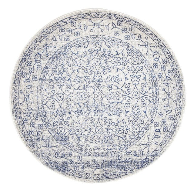 Evoke 258 White Rug with blue and grey highlights. Synthetic Machine Made Rug comes in Extra Large Sizes