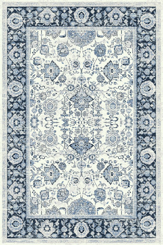 A cream blue traditional wool rug with a floral pattern, made from polypropylene, displayed on a flat surface.